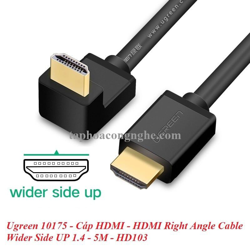 Ugreen 10175 5M màu Đen Cáp tín hiệu HDMI chuẩn 1.4 đầu bẻ góc 90 độ HD103 30010175